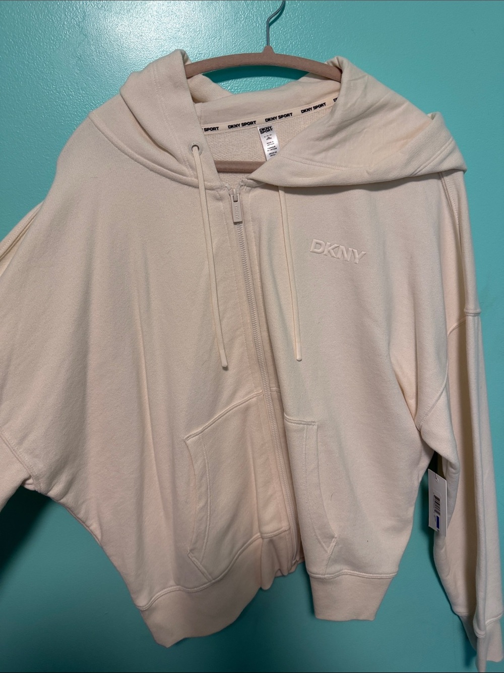 DKNY Cream Zip-Up Hooded Bomber Jacket